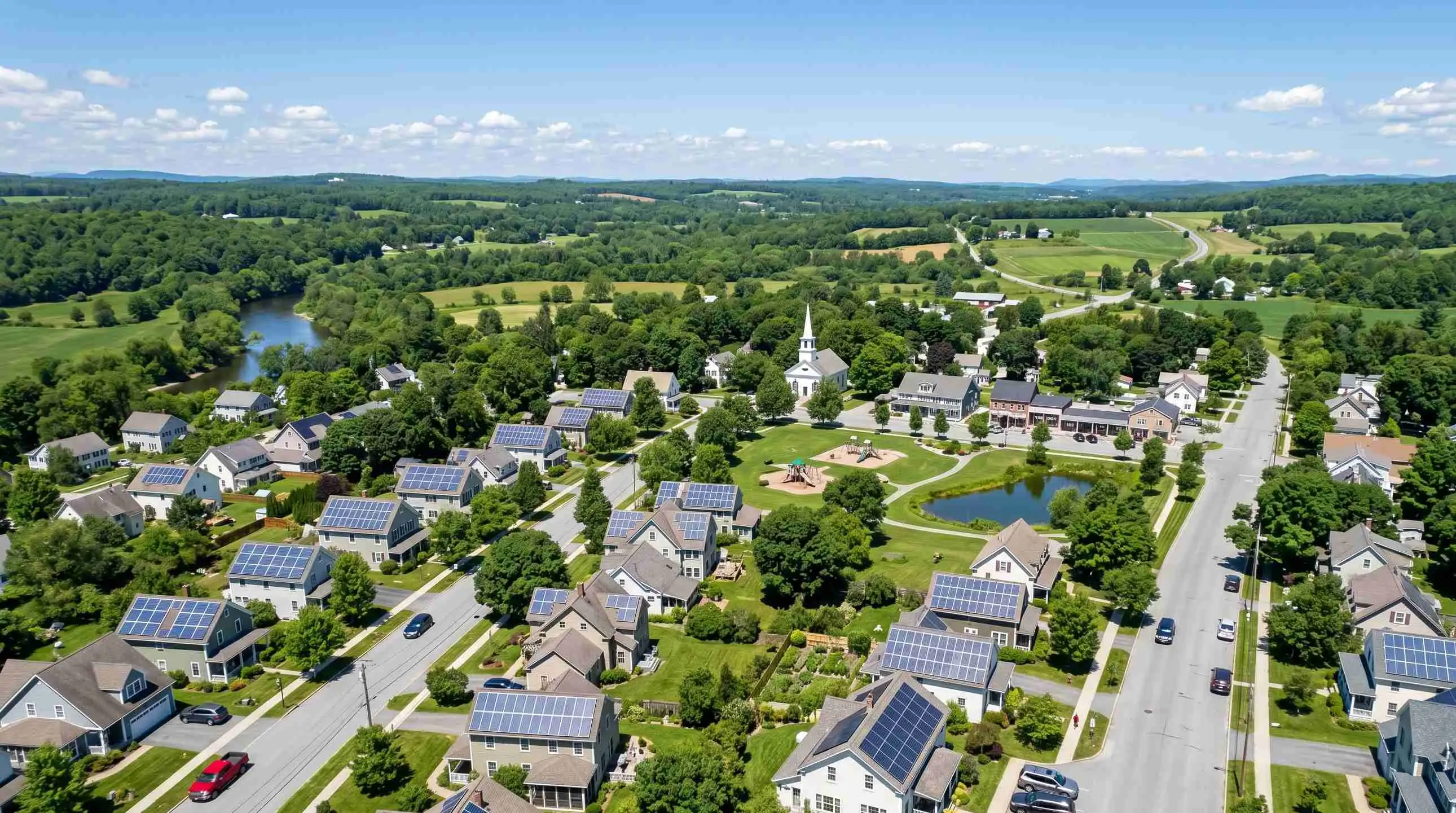 Explore the future of green living with this stunning aerial perspective of a modern American village featuring solar-powered homes and sustainable infrastructure under natural sunlight. Sustainable Living: Aerial View of a Solar-Powered American Village